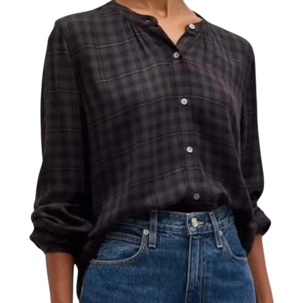 NWT Rails Eloise Onyx Lurex Plaid Metallic Button Down Blouse Black Medium